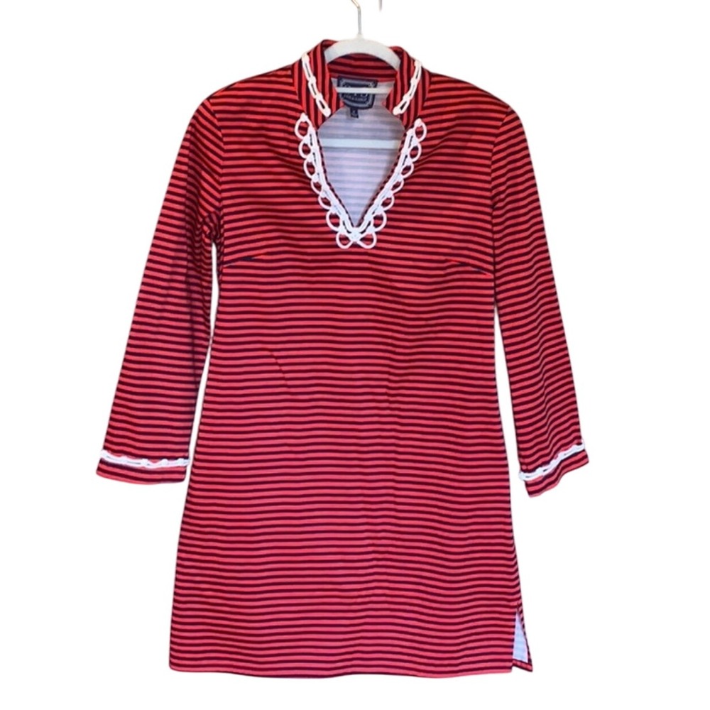 STS Red Navy Stripe Knit Tunic Dress Lace Trim‎ V Neck 3/4 Sleeve Women's M